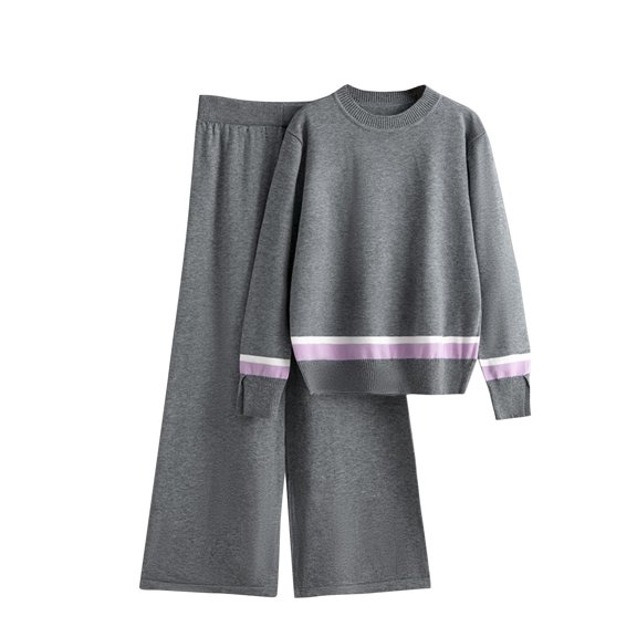 Womens 2 Piece Outfits Usmixi Knitted Lounge Sets for Women Long Sleeve Sweater Top and High Waist Wide Leg Pant Two Piece Set Casual Color Block Homewear Sets