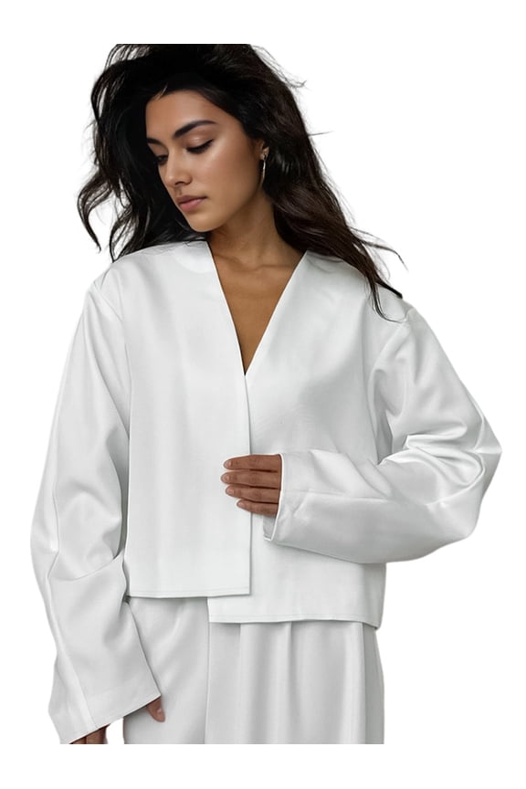 Womens 2 Piece Outfits V-Neck Long Sleeve Tops Wide Leg Long Pants Casual Lounge Set Travel Tracksuit White S