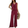 thumbnail image 1 of Womens 2 Piece Outfits V Neck Tie Waist Vest and Wide Leg Casual Pants Sets Deep Wine Red XL, 1 of 7
