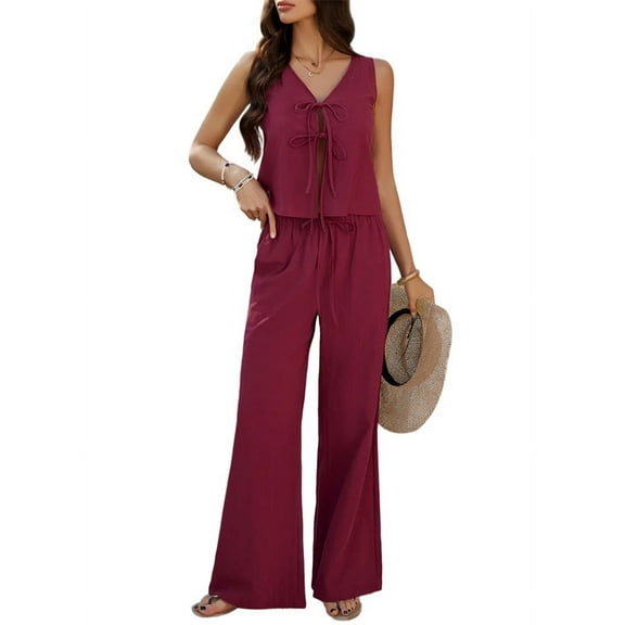 Womens 2 Piece Outfits V Neck Tie Waist Vest and Wide Leg Casual Pants Sets Deep Wine Red XL