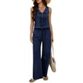 thumbnail image 1 of Womens 2 Piece Outfits V Neck Tie Waist Vest and Wide Leg Casual Pants Sets Navy Blue M, 1 of 7