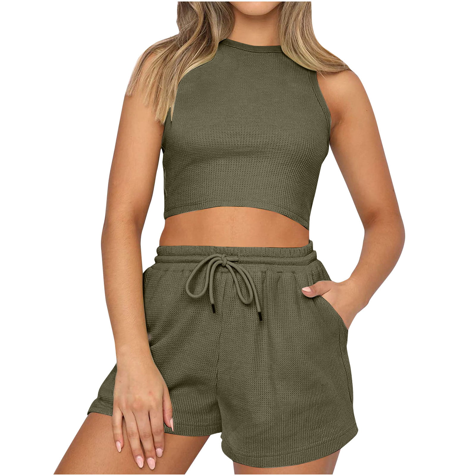 Womens 2 Piece Outfits Waffle knit Lounge Sets Sleeveless Crop Top and  Drawstring Shorts with Pockets Sweatsuits 