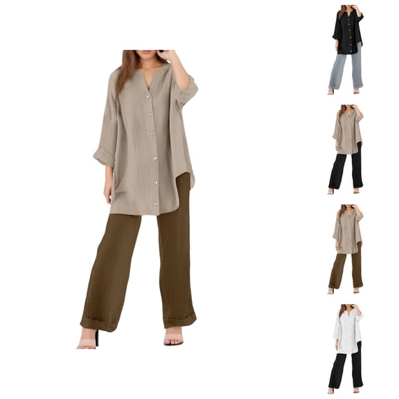 Womens 2 Piece Outfits Wide Leg Blouse Pockets Elastic Pants Sets Casual V Neck Shirt Trousers Fashion Streetwear Capri Pants For Women Casual Summer