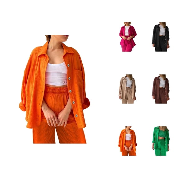 Womens 2 Piece Outfits Wide Leg Blouse Pockets Elastic Pants Sets Casual V Neck Shirt Trousers Fashion Streetwear Linen Capri Pants Women Summer