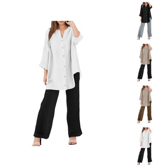 Womens 2 Piece Outfits Wide Leg Blouse Pockets Elastic Pants Sets Casual V Neck Shirt Trousers Fashion Streetwear Summer Capris For Women