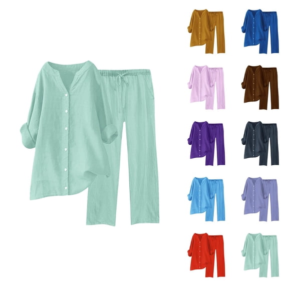 Womens 2 Piece Outfits Wide Leg Blouse Pockets Elastic Pants Sets Casual V Neck Shirt Trousers Fashion Streetwear Women Capri Pants For Summer