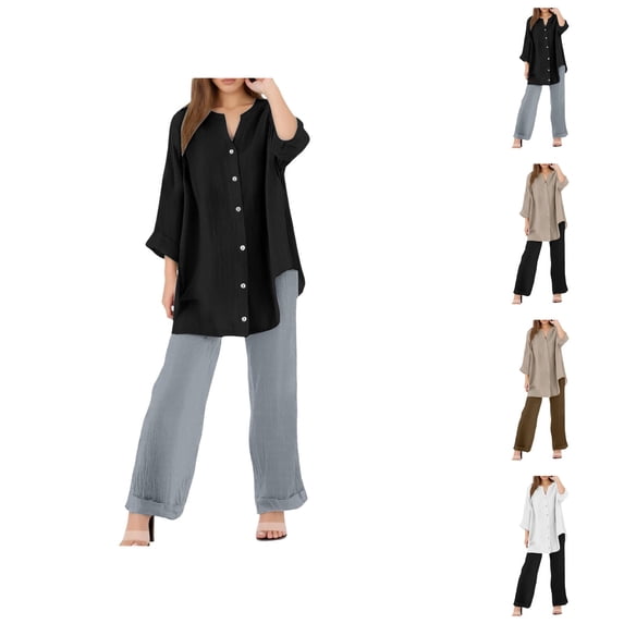 Womens 2 Piece Outfits Wide Leg Blouse Pockets Elastic Pants Sets Casual V Neck Shirt Trousers Fashion Streetwear Women Cropped Pants