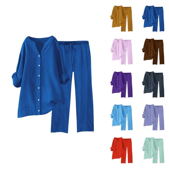Womens 2 Piece Outfits Wide Leg Blouse Pockets Elastic Pants Sets Casual V Neck Shirt Trousers Fashion Streetwear Women'S Capri Pants