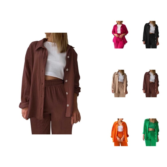 Womens 2 Piece Outfits Wide Leg Blouse Pockets Elastic Pants Sets Casual V Neck Shirt Trousers Fashion Streetwear Womens Capris Casual