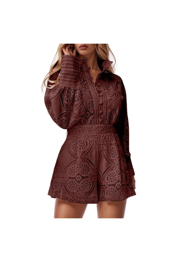 Womens 2 Piece Outfits Women's Summer Casual Suit Solid Color Lace Trim Shorts with Long Sleeve Top Matching Set