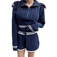 thumbnail image 1 of Womens 2 Piece Outfits Zipper Lapel Knit Pullover Sweater Shorts Set Wide Leg Matching Set Loungewear, 1 of 9