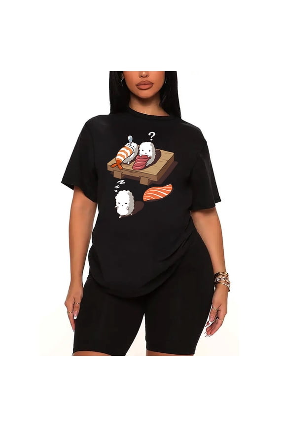 Womens 2 Piece Oversized Lounge Casual Sets Cute and Funny Japanese Nigiri Sushi Sleepwalking T-Shirt and Short Matching Clothing Set-black-3XL
