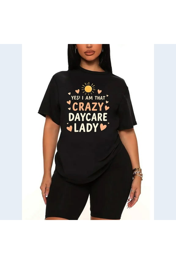 Womens 2 Piece Oversized Lounge Casual Summer Sets Crazy Daycare Lady Graphic Printed T-Shirt and Short Matching Clothing Set-black-L
