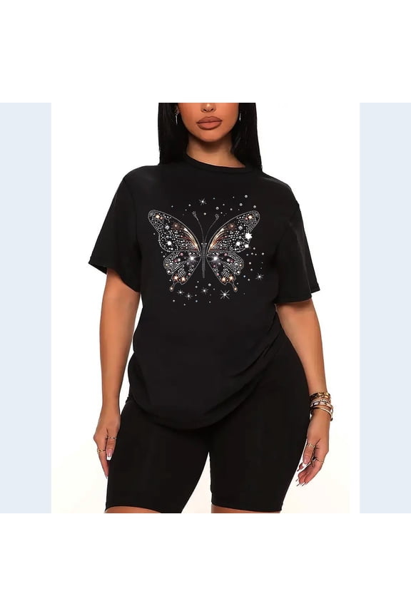 Womens 2 Piece Oversized Lounge Casual Summer Sets Sequin Glitter Butterfly Graphic Printed T-Shirt and Short Matching Clothing Set-black-XL