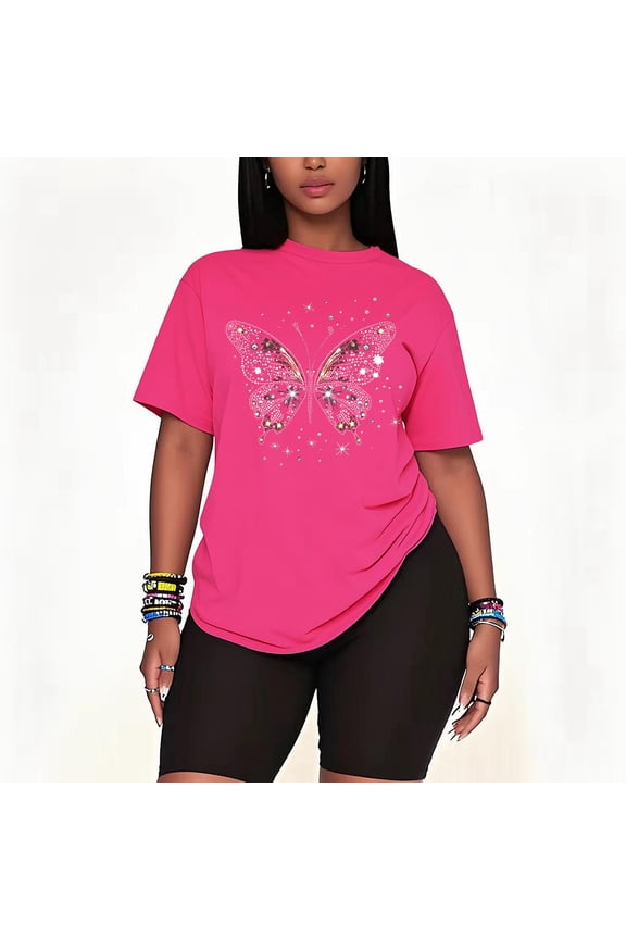 Womens 2 Piece Oversized Lounge Casual Summer Sets Sequin Glitter Butterfly Graphic Printed T-Shirt and Short Matching Clothing Set-pink-3XL