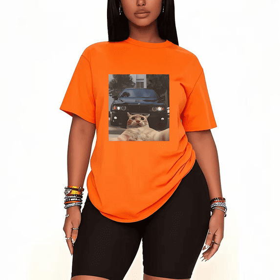 Womens 2 Piece Oversized Lounge Outfit Casual Summer Sets Cat Selfie With Car Graphic Cute Printed Crew Neck T-Shirt and Shorts Matching Clothing Set-Orange-XL