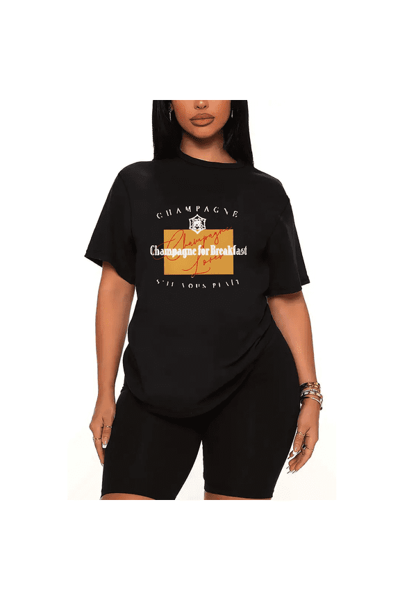 Womens 2 Piece Oversized Lounge Outfit Casual Summer Sets Champagne For Breakfast Funny Printed Crew Neck T-Shirt and Short Matching Clothing Set-Black-3XL