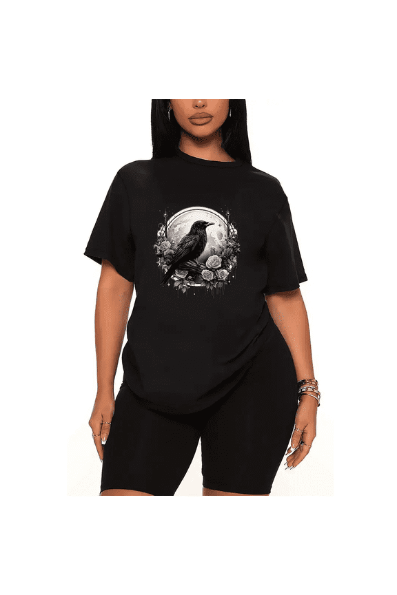 Womens 2 Piece Oversized Lounge Outfit Casual Summer Sets Crow Roses Graphic Cute Gothic Printed Crew Neck T-Shirt and Shorts Matching Clothing Set-Black-L