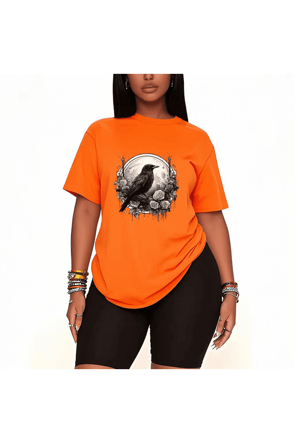 Womens 2 Piece Oversized Lounge Outfit Casual Summer Sets Crow Roses Graphic Cute Gothic Printed Crew Neck T-Shirt and Shorts Matching Clothing Set-Orange-5XL