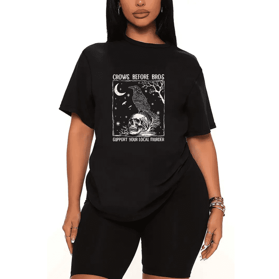 Womens 2 Piece Oversized Lounge Outfit Casual Summer Sets Crows Before Bros Graphic Vintage Printed Crew Neck T-Shirt and Shorts Matching Clothing Sets-Black-XL