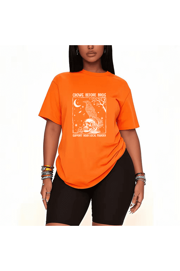 Womens 2 Piece Oversized Lounge Outfit Casual Summer Sets Crows Before Bros Graphic Vintage Printed Crew Neck T-Shirt and Shorts Matching Clothing Sets-Orange-L