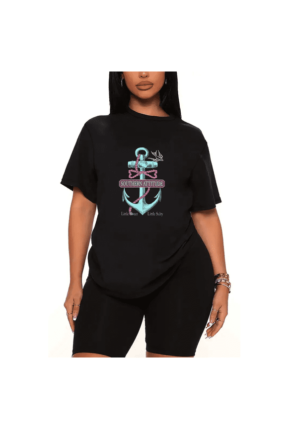 Womens 2 Piece Oversized Lounge Outfit Casual Summer Sets Cute Anchor Graphic Funny Letter Printed Crew Neck T-Shirt and Shorts Matching Clothing Set-Black-L