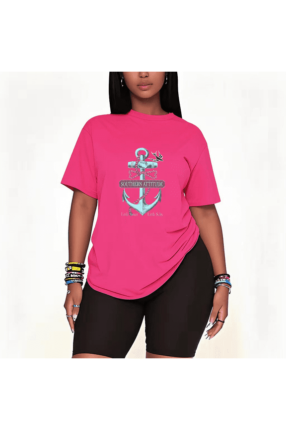 Womens 2 Piece Oversized Lounge Outfit Casual Summer Sets Cute Anchor Graphic Funny Letter Printed Crew Neck T-Shirt and Shorts Matching Clothing Set-Pink-L