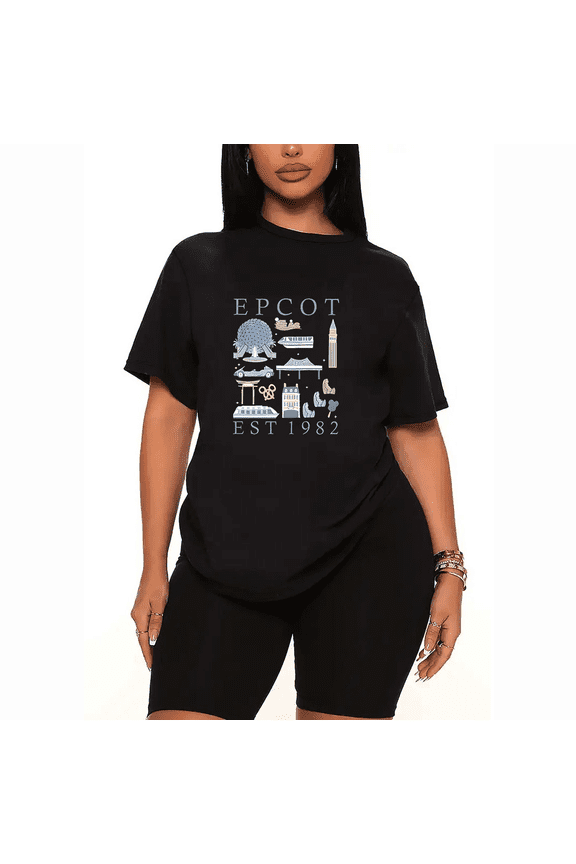 Womens 2 Piece Oversized Lounge Outfit Casual Summer Sets Epcot Graphic Cute Funny Printed Crew Neck T-Shirt and Shorts Matching Clothing Set-Black-L