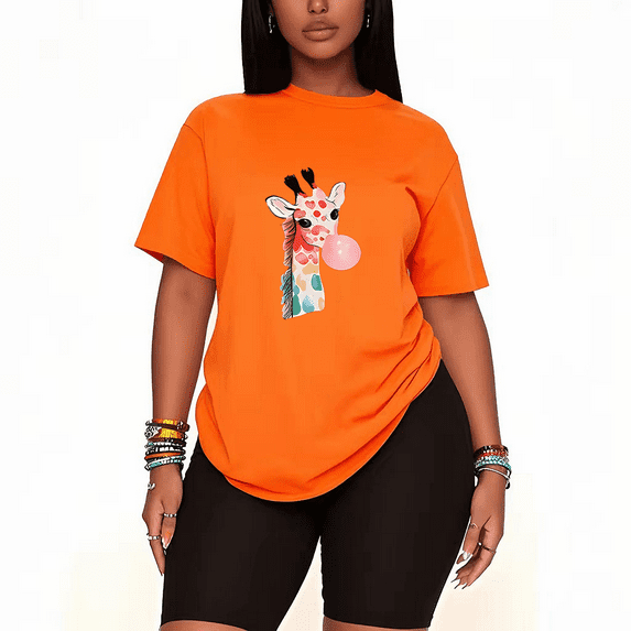 Womens 2 Piece Oversized Lounge Outfit Casual Summer Sets Giraffe Graphic Cute Animal Printed Crew Neck T-Shirt and Shorts Matching Clothing Sets-Orange-4XL