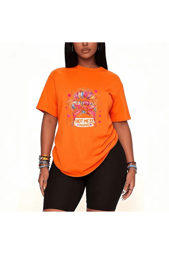 Womens 2 Piece Oversized Lounge Outfit Casual Summer Sets Hot Mess Mom Graphic Mother's Day Printed Crew Neck T-Shirt and Shorts Matching Clothing Sets-Orange-4XL