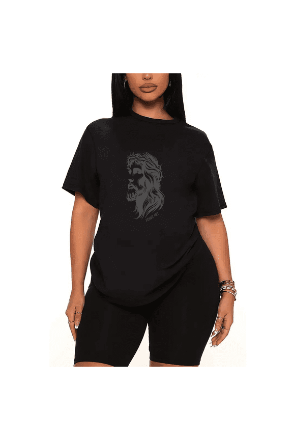 Womens 2 Piece Oversized Lounge Outfit Casual Summer Sets Jesus Face Graphic Christian Printed Crew Neck T-Shirt and Shorts Matching Clothing Sets-Black-4XL