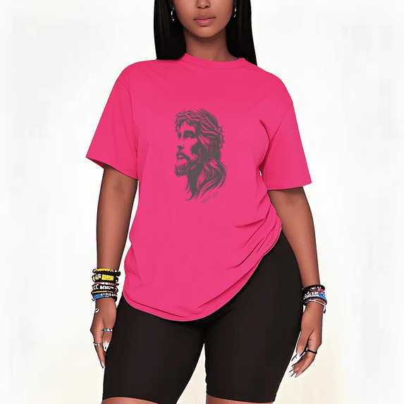 Womens 2 Piece Oversized Lounge Outfit Casual Summer Sets Jesus Face Graphic Christian Printed Crew Neck T-Shirt and Shorts Matching Clothing Sets-Pink-2XL