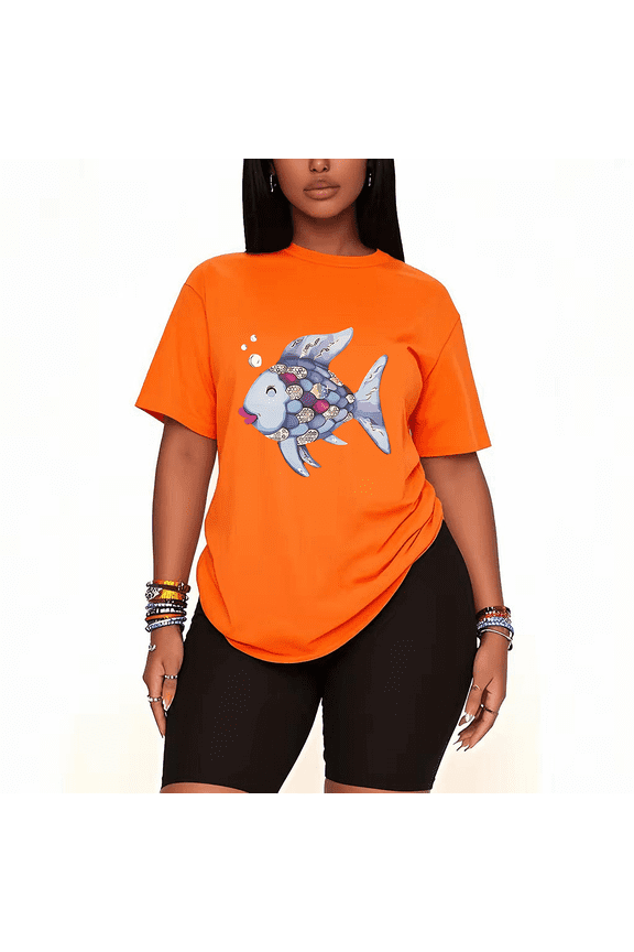 Womens 2 Piece Oversized Lounge Outfit Casual Summer Sets Rainbow Fish Graphic Hawaiian Beach Printed T-Shirt and Short Matching Clothing Set-orange-2XL