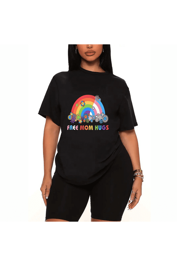 Womens 2 Piece Oversized Lounge Outfit Casual Summer Sets Rainbow Graphic Free Mom Hugs Printed Crew Neck T-Shirt and Shorts Matching Clothing Set-Black-4XL