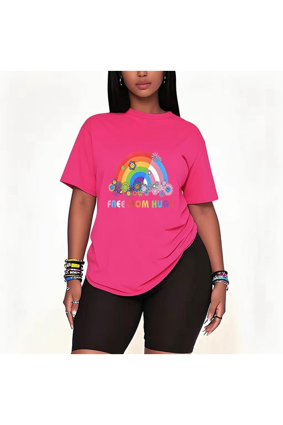 Womens 2 Piece Oversized Lounge Outfit Casual Summer Sets Rainbow Graphic Free Mom Hugs Printed Crew Neck T-Shirt and Shorts Matching Clothing Set-Pink-3XL
