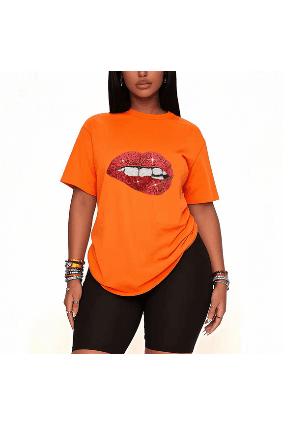 Womens 2 Piece Oversized Lounge Outfit Casual Summer Sets Sequined Sparkely Glittery Lip Graphic Cute Printed T-Shirt and Short Matching Clothing Set-orange-5XL