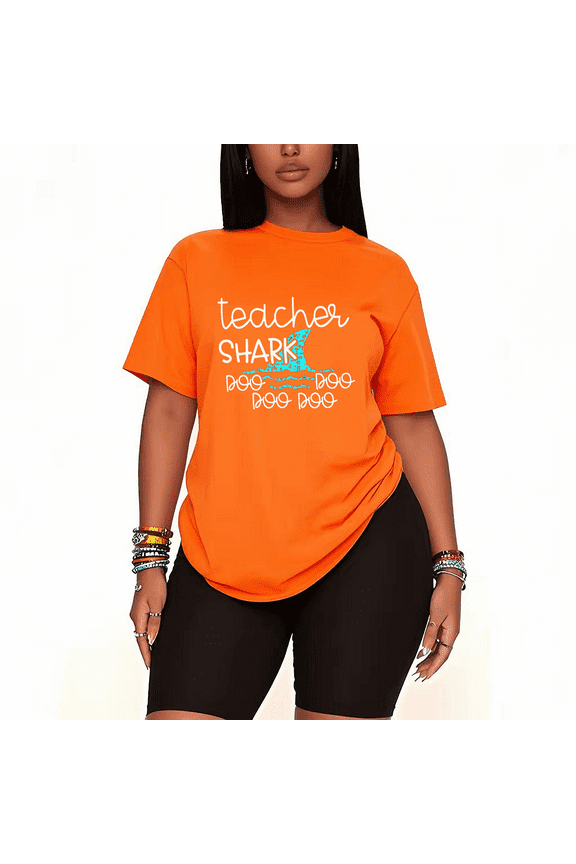 Womens 2 Piece Oversized Lounge Outfit Casual Summer Sets Teacher Shark Letter Graphic T-Shirt and Short Matching Clothing Set Fashion-orange-XL
