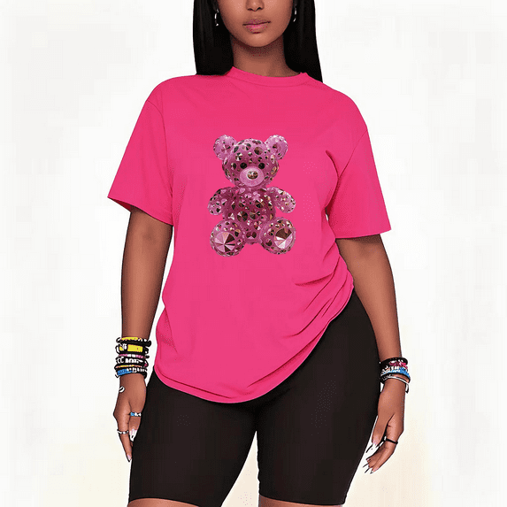 Womens 2 Piece Oversized Lounge Outfit Casual Summer Sets Toy Teddy Bear Graphic Cute Printed Crew Neck T-Shirt and Shorts Matching Clothing Sets-Pink-5XL