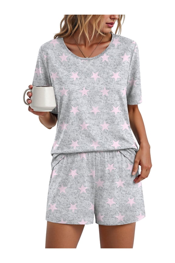 Womens 2-Piece Pajama Set Crew Neck Pink Star Print Lounge Shorts With Pockets