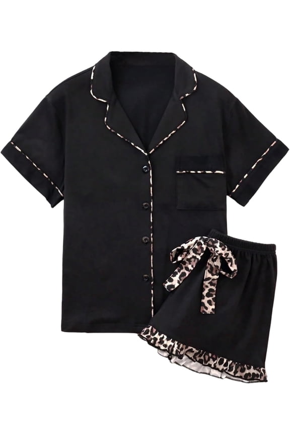 Womens 2 Piece Pajama Set Leopard Print Button Down Notch Collar Top with Shorts Soft Lightweight Loungewear for Sleep