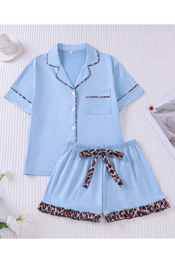 Womens 2 Piece Pajama Set Leopard Print Button Down Notch Collar Top with Shorts Soft Lightweight Loungewear for Sleep
