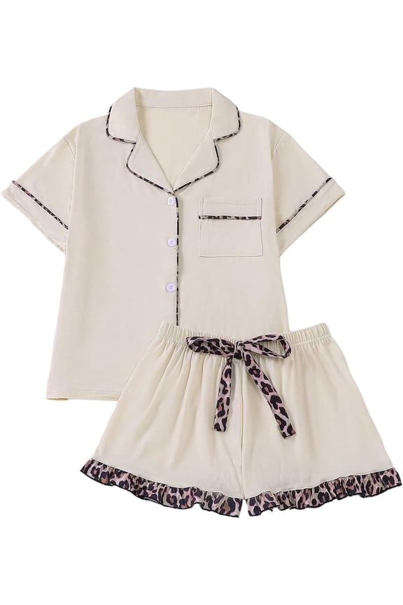 Womens 2 Piece Pajama Set Leopard Print Button Down Notch Collar Top with Shorts Soft Lightweight Loungewear for Sleep