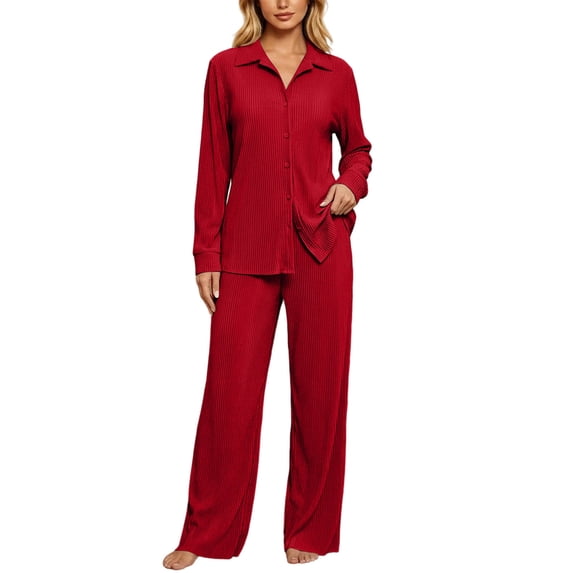 Womens 2 Piece Pajama Sets Long Sleeve Ribbed Knit Lounge Set Button Down Soft Fall Winter Sleepwear (XL, Red)