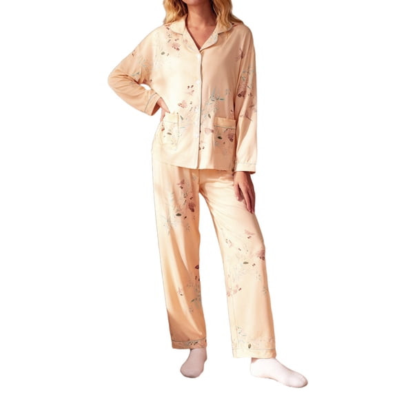Womens 2 Piece Pajamas 2026 Trendy Floral Print Soft Long Sleeve Button Down Shirts Pants Holiday Casual Comfy Loose Sleepwear