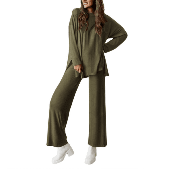 Womens 2 Piece Pajamas Outfits Crewneck Long Sleeve Pullover Tops Wide Leg Long Pants Casual Lounge Set