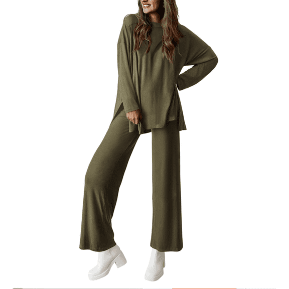 Womens 2 Piece Pajamas Outfits Crewneck Long Sleeve Pullover Tops Wide Leg Long Pants Casual Lounge Set