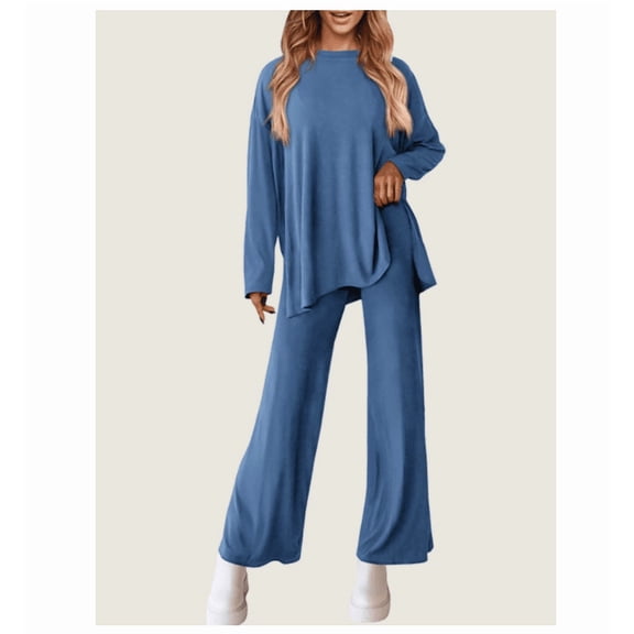 Womens 2 Piece Pajamas Outfits Crewneck Long Sleeve Pullover Tops Wide Leg Long Pants Casual Lounge Set