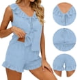 thumbnail image 1 of Womens 2 Piece Pajamas Set Ruffle Sleeveless V Neck Lace-up Tank Top & Shorts with Pockets Summer Loungewear (L, Light Blue), 1 of 8