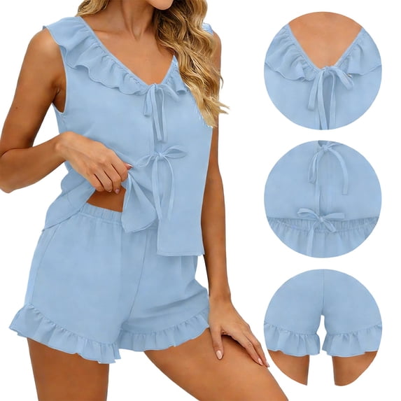 Womens 2 Piece Pajamas Set Ruffle Sleeveless V Neck Lace-up Tank Top & Shorts with Pockets Summer Loungewear (L, Light Blue)