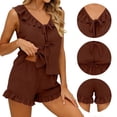 thumbnail image 1 of Womens 2 Piece Pajamas Set Ruffle Sleeveless V Neck Lace-up Tank Top & Shorts with Pockets Summer Loungewear (XL, Brown), 1 of 6